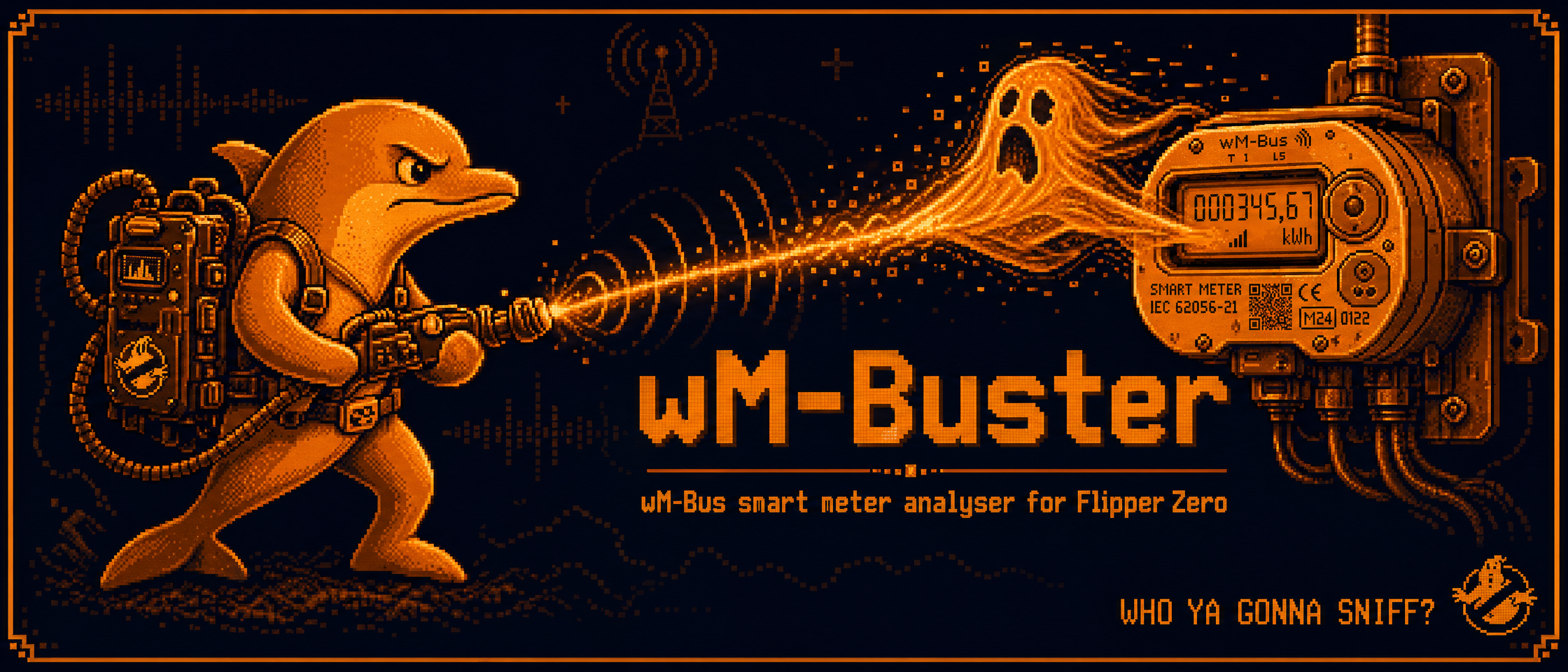 wM-Buster — Ghostbuster-style pixel-art dolphin sniffing a smart meter
